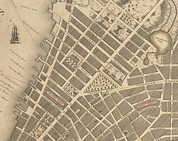The 1797 Taylor Map of New York City, showing "The Colledge [sic]" at its Park Place (then Robinson Street) location and its earlier location, Trinity Church, on the lower left