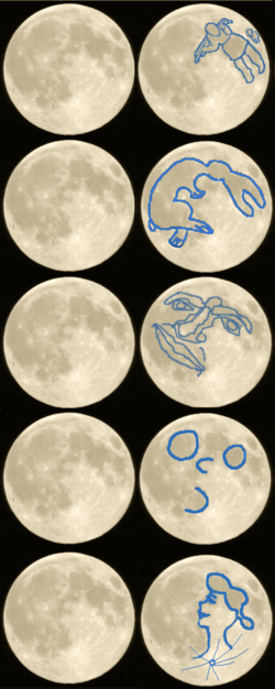 Various traditions gave folkloric names to the lunar maria, including famous patterns like the "Moon rabbit" (second pattern from top to bottom) and the "Man in the Moon" (third or fourth pattern).
