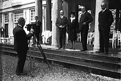 Journalists being photographed before a launch of the Graf Zeppelin, left to right: Karl von Wiegand, Lady Drummond-Hay, Rolf Brand, and Robert Hartmann