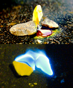 As a solid, sulfur is a characteristic lemon yellow; when burned, sulfur melts into a blood-red liquid and emits a blue flame.