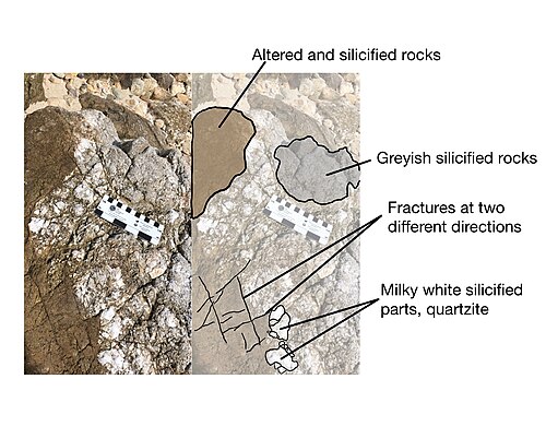 Left: Silicified hydrothermal breccia. The greyish white parts have undergone silicification. Right: Annotated diagram of the left image, showing features of a silicified breccia.