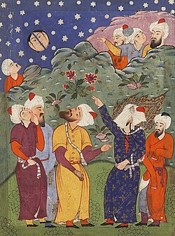 Muhammad points out the splitting of the Moon. Anonymous 16th-century watercolor from a falnama, a Persian book of prophecy. Muhammad is the veiled figure on the right.