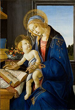 The scene in Botticelli's Madonna of the Book (1480) reflects the presence of books in the houses of richer people in his time.