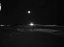 Sunset on the Moon, with crescent Earth and Venus in between, viewed by Blue Ghost