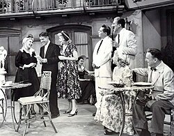 Guest starring as "Susie McNamara" on The Lucy-Desi Comedy Hour, "Lucy Takes a Cruise to Havana", L-R: Ann Sothern, Rudy Vallee, Lucille Ball, Desi Arnaz, Cesar Romero, Vivian Vance and William Frawley (1957)