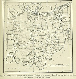 Map of average first killing frost in Ohio from "Geography of Ohio," 1923