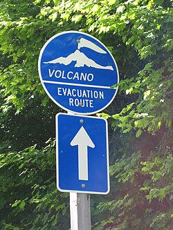 One of many emergency evacuation route signs in case of volcanic eruption or lahar around Mount Rainier