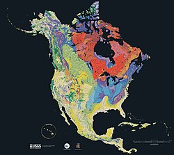 Geological map of North America superimposed on a shaded relief map