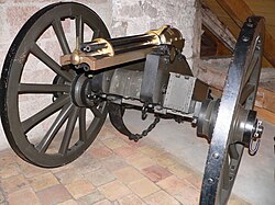 The Gatling gun, invented in 1861 by Richard Gatling. Custer declined an offer of a battery of these weapons, explaining to Terry that they would "hamper our movements". Said Custer, "The Seventh can handle anything it meets."[144]