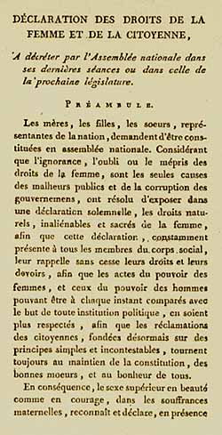 First page of the Declaration of the Rights of Woman and of the Female Citizen