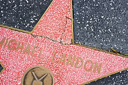 closeup of a crack that extends horizontally above Michael Landon's name and across the top point of the star