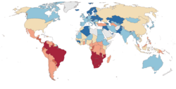 Global map of countries by high inequality (based on Gini index), 2022, according to the Poverty and Inequality Platform (PIP)[1] <30 30–35 35–40 40–45 45–50 50+