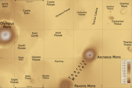 Map of Tharsis quadrangle. Pavonis Mons is located at the southern edge.