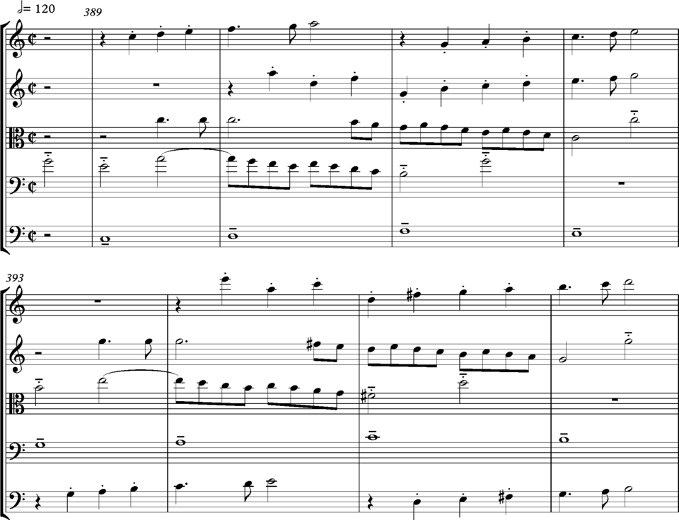 Mozart Symphony No. 41 Finale, bars 389–396