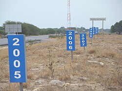 Carretera 83 (Vía Corta) Zaragoza-Victoria, km 27+800. Of the Tropic of Cancer's intersections with Mexican federal highways, this was the only one where it is precisely marked and the drift from 2005 to 2010 could be seen. These signs were removed between 2009 and 2017, and the tropic marker itself removed between 2019 and 2021.