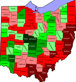 Population growth by county in Ohio between the 2010 and 2020 censuses. -10 to -5 percent -5 to -2 percent -2 to 0 percent 0 to 2 percent 2 to 5 percent 5 to 10 percent 10 to 20 percent More than 20 percent