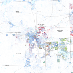 Map of racial distribution in Ann Arbor, 2020 U.S. census. Each dot is one person: ⬤ White ⬤ Black ⬤ Asian ⬤ Hispanic ⬤ Multiracial ⬤ Native American/Other