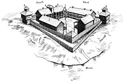 Artist's rendering of a bird's-eye view of the original Fort Dearborn