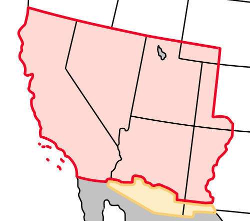 The Mexican Cession, shown in red, and the later Gadsden Purchase, shown in yellow