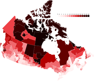 A map of Canada showing the percent of self-reported indigenous identity (First Nations, Inuit, Métis) by census division, according to the 2021 Canadian census[23]