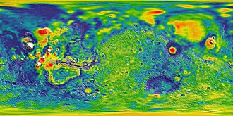 Mars free-air gravity map produced along with the GMM-3 gravity solution[13] (Red: gravity high; Blue: gravity low) (Credit: NASA's Scientific Visualization Studio)