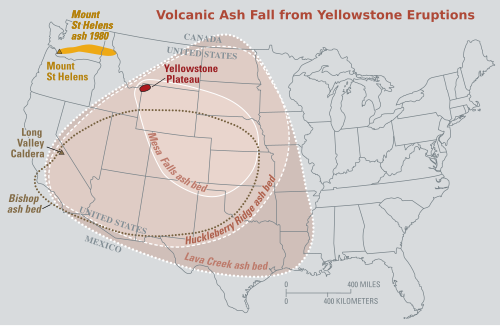 Map of recent Yellowstone eruption fields, in comparison with a recent Long Valley Caldera eruption and Mount St. Helens.