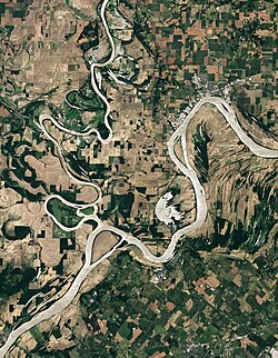 The Wabash River converges with the Ohio River at Posey County. The southernmost point in Indiana is located at Uniontown Bend 4.6 miles upstream of the confluence, south of Hovey Lake (near the center of the photograph)