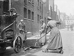 Tar being applied to a London road during World War I