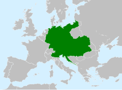 The outlined Greater Austria (Germany and the whole of Austria, shown here in green) would have had around seventy million inhabitants
