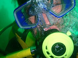 Scuba diver with bifocal lenses in half mask