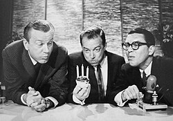 Host Jack Paar, announcer/sidekick Hugh Downs, and bandleader Jose Melis during the Paar era.