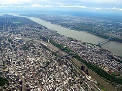 An aerial view of the Bronx, Harlem River, Harlem, Hudson River and George Washington Bridge