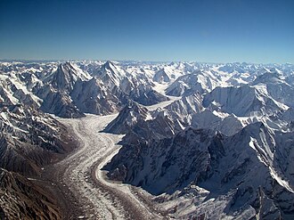 The Baltoro Glacier in Pakistan. It is 62 kilometres (39 mi) long, the fifth longest alpine glacier in the world.