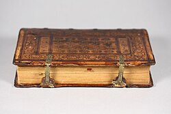 Sammelband of three alchemical treatises, bound in Strasbourg by Samuel Emmel c. 1568, showing metal clasps and leather covering of boards