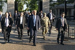 With a group of officials and advisors walking from the White House to St. John's Church, following the forced removal of protesters at Lafayette Square in June 2020