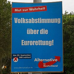 "Referendum on saving the euro!" 2013 poster from the Alternative for Germany (AfD) regarding Germany's financial contributions during the Eurozone crisis