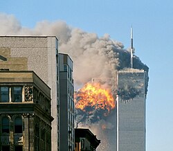 Airplane crashes and terrorist attacks are examples of man-made disasters: they kill and injure people, destroy and damage property, and cause pollution. The pictured example is the September 11 attacks in 2001 at the World Trade Center in New York City.