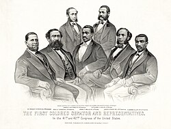 African-American members of the United States Senate and the United States House of Representatives: Sen. Hiram Revels (R-MS) and Reps. Benjamin Turner (R-AL), Robert DeLarge (R-SC), Josiah Walls (R-FL), Jefferson Long (R-GA), Joseph Rainey (R-SC), and Robert B. Elliott (R-SC), 1872