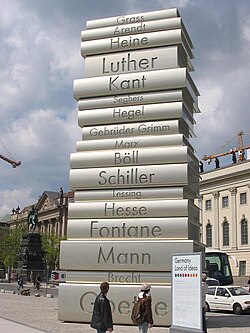 12-metre-high (40 ft) sculpture of a stack of books at the Berlin Walk of Ideas, commemorating the invention of modern book printing
