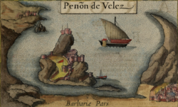 An illustrated inset showing Peñón de Vélez de la Gomera from Jodocus Hondius's 1606 map of Fez and the Kingdom of Morocco.