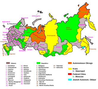 A map of the Russian Federation, showing its eighty-three federal subjects before the annexation of Crimea in 2014