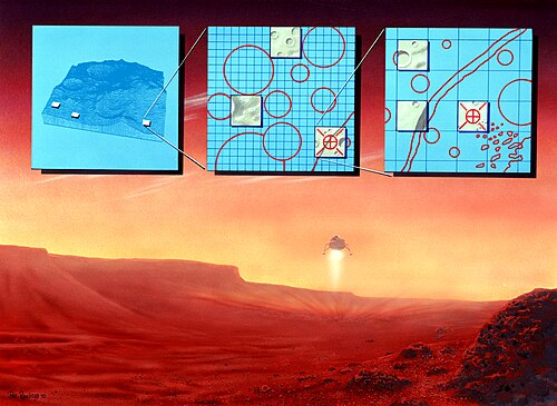 Inserts depict observation and analysis to find a safe landing site.