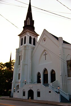 The Emanuel African Methodist Episcopal Church where nine Black church-goers, including the pastor, were killed by a white man in the 2015 Charleston church shooting. The church, founded in 1817, is the oldest AME church in the South.