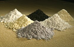 Lanthanide oxides: clockwise from top center: praseodymium, cerium, lanthanum, neodymium, samarium and gadolinium