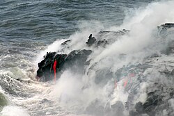 Pahoehoe lava enters the Pacific at Hawaii Volcanoes National Park, the Big Island of Hawaii