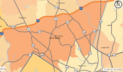 A map marking the boundaries of Silver Spring (in dark orange) as of 2010