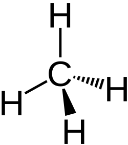 Structural formula of methane, the simplest possible organic compound.
