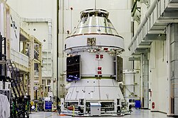Orion spacecraft and its European Service Module for the Artemis II mission being prepared in March 2025