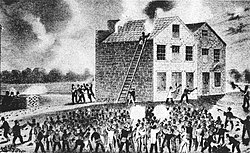 Wood engraving of the pro-slavery mob setting fire to Gilman & Godfrey's warehouse, where Elijah Parish Lovejoy hid his printing press