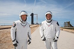 NASA astronauts Douglas Hurley (left) and Robert Behnken (right) wearing custom-fit spacesuits designed by SpaceX.
